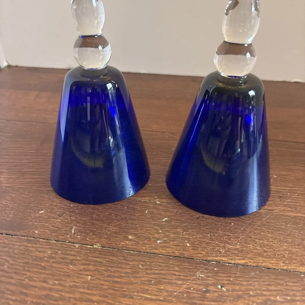Vintage Hand Blown Cobalt Blue With Clear Stem  Water Wine Glass Set Of‎ 2